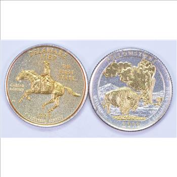 24K ENHANCED US Coins 1999 Delaware State Quarter 2010 Yellowstone ATB Quarter - You get both!