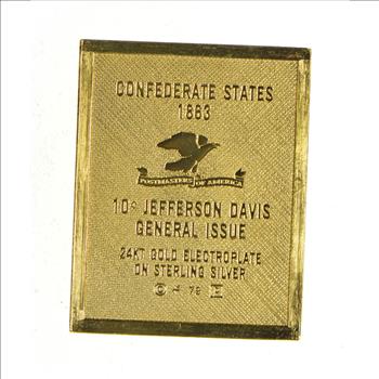 24K Gold Plated SILVER - $0.10 Jefferson Davis General Issue Postage .925 Sterling Silver Stamp - 10.4 Grams - LIMITED - Rare