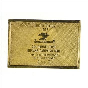 24K Gold Plated SILVER - Biplane Carrying Mail Postage .925 Sterling Silver Stamp - 15.0 Grams - LIMITED - Rare