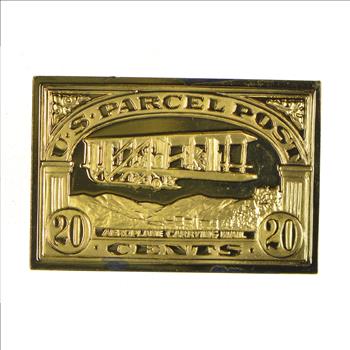 24K Gold Plated SILVER - Biplane Carrying Mail Postage .925 Sterling Silver Stamp - 15.0 Grams - LIMITED - Rare