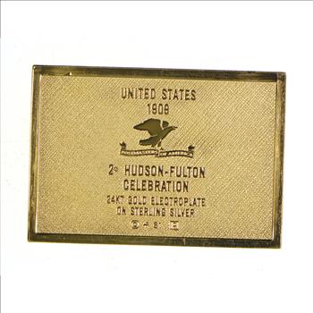 24K Gold Plated SILVER - Hudson-Fulton Celebration Postage .925 Sterling Silver Stamp - 14.3 Grams - LIMITED - Rare