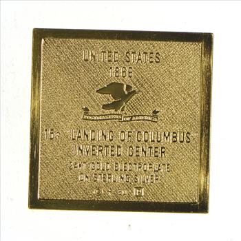 24K Gold Plated SILVER - Landing of Columbus Postage .925 Sterling Silver Stamp - 9.7 Grams - LIMITED - Rare