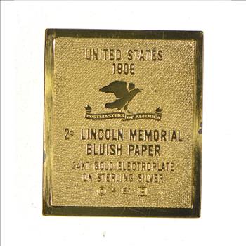 24K Gold Plated SILVER - Lincoln Memorial Bluish Paper Postage .925 Sterling Silver Stamp - 8.8 Grams - LIMITED - Rare