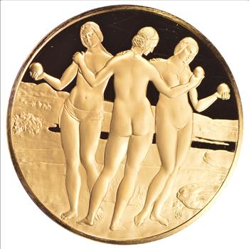 24K Gold Plated SILVER - The Three Graces c.1502 - Raphael .925 Sterling Silver Round - 31.9 Grams - LIMITED - Rare