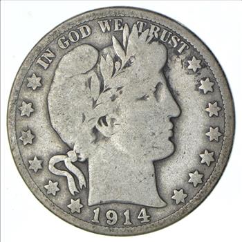 50c United States Coin - 1914-S Liberty Barber 90% Silver US Half Dollar