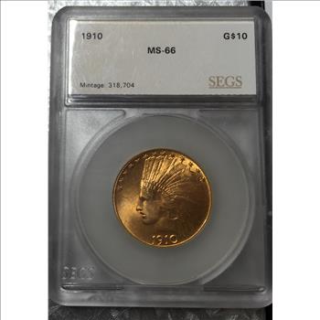 Rare 1910 $10 Indian US Gold Coin SEGS Graded MS-66