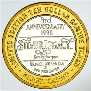 .999 Fine Silver Center Silver Legacy - Oil Rig 3rd Anniversary Casino Chip Ltd Edition $10 Token - Rare - Approx 0.60 T Oz ASW