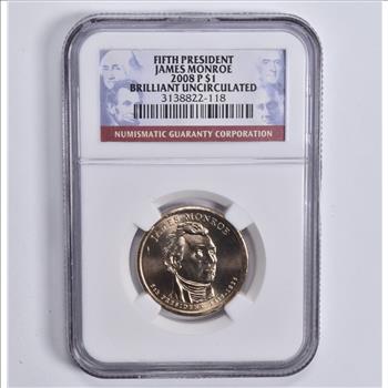 Brilliant Uncirculated 2008-P James Monroe Presidential Dollar - Graded NGC