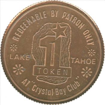 Collectible 1 Token - Crystal Bay Club Casino Souvenir Chip 1960's Vintage Token