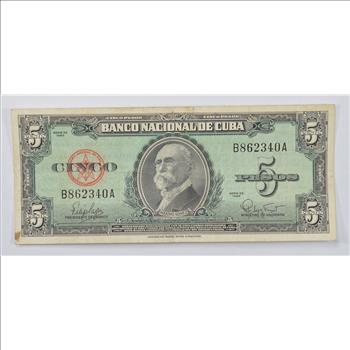 CUBA - National Bank of Cuba 5 Pesos Note - Maximo Gomez - Series of 1960!