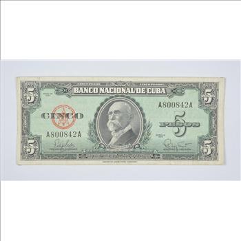 CUBA - National Bank of Cuba 5 Pesos Note - Maximo Gomez - Series of 1960!