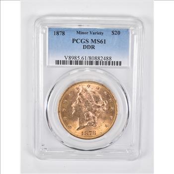 ERROR MS61 1878 $20 Liberty Head Gold Double Eagle DDR PCGS