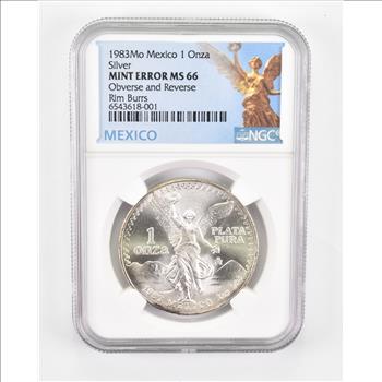 ERROR MS66 1983 Mo Mexico 1 Silver Onza - OBV & REV Rim Bars - Graded NGC