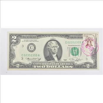 First Day Issue 1976 $2 Federal Reserve Note - Stamped!