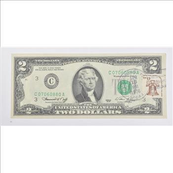 First Day Issue 1976 $2 Federal Reserve Note - Stamped!