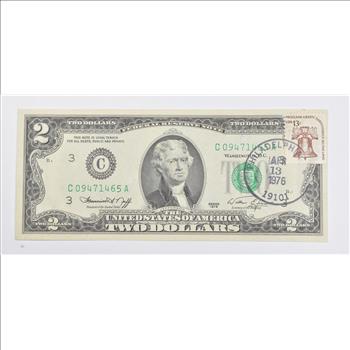 First Day Issue 1976 $2 Federal Reserve Note - Stamped!