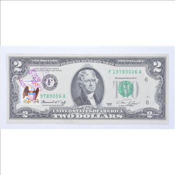First Day Issue 1976 $2 Federal Reserve Note - Stamped!