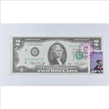 First Day Issue 1976 $2.00 Federal Reserve Note - Stamped!