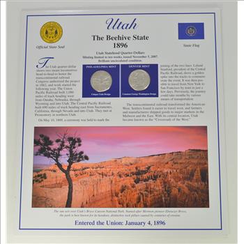 Full Color 2 Coin Ch BU Utah State Quarter Beautifully Displayed Coin Set