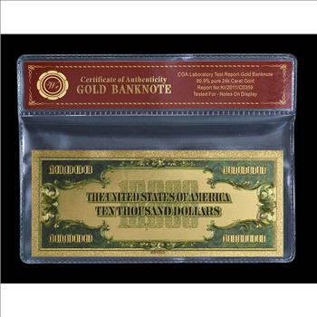 Gold Colored $10,000 Uncirculated- Beautifully Displayed Replica Bank Note