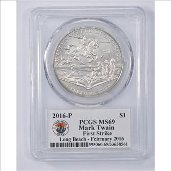 Graded MS-69 2016-P Mark Twain First Strike US Commemorative Silver Dollar - PCGS-Long Beach Expo Graded - WOW)