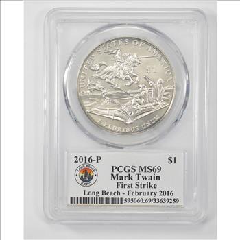 Graded MS-69 2016-P Mark Twain First Strike US Commemorative Silver Dollar - PCGS-Long Beach Expo Graded - WOW)