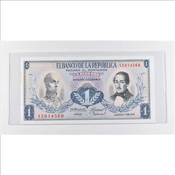 Historic World Bank Note 1974 Colombia 1 Peso Collectible Currency