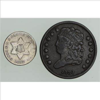 Lot (2) 1832 Classic Head Half Cent & 1852 Silver Three-Cent Piece
