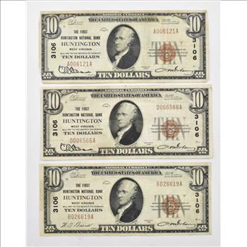 Lot (3) $10 Huntington, WV US National Currency Notes 3106