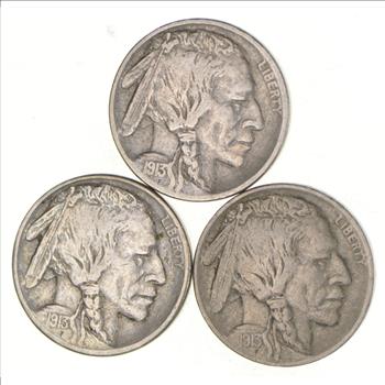 Lot (3) 1913 1913-S & 1913-D Indian Head Buffalo Nickels - Type I