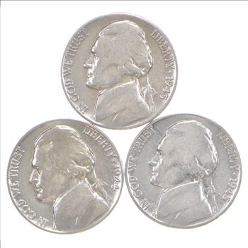 Lot 3 WWII SILVER - Wartime Nickels 1942-1945 - US Coin Collection