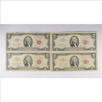 Lot 4 Red Seal $2 US 1953 or 1963 Notes - Currency Collection Legal Tender