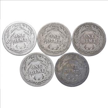 Lot 5 1906-D 1910 1916 1914-D 1913 Barber Dime Collection Set