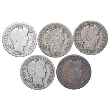 Lot 5 1906-D 1910 1916 1914-D 1913 Barber Dime Collection Set