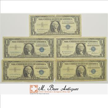 Lot (5) Authentic $1.00 Silver Certificate Notes - Great for gifts/tips - Range of Conditoin