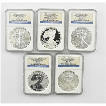 Lot (5) MS/PF70 2011 P/W/S American Silver Eagles 25th Anniversary Set ER MGC