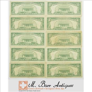 Lot of (10) $5.00 Red Seal US Notes Currency Collection 1963