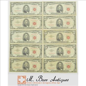 Lot of (10) $5.00 Red Seal US Notes Currency Collection 1963
