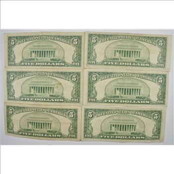Lot of (6) $5.00 Red Seal Old US Notes Currency Collection 1953