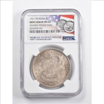 Mint Error MS62 1921 Morgan Silver Dollar REV Struck Thru 100th Anniv NGC