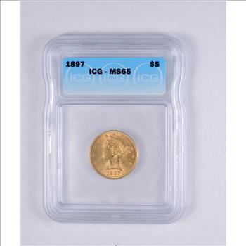MS65 1897 $5.00 Liberty Head Gold Half Eagle - OXX - Graded ICG