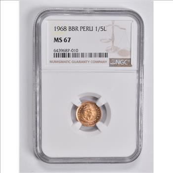 MS67 1968 BBR Peru 1/5 Lima Gold Coin NGC