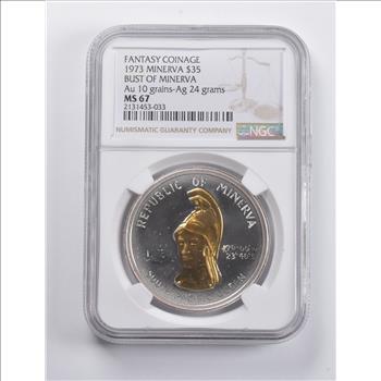 MS67 1973 Minerva $35 Bust Of Minerva 10 Grains Gold 24 Grams Silver FNGC