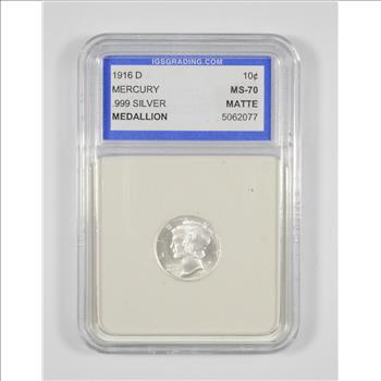 MS70 1916-D Mercury Silver Dime - Matte -Medallion - Graded IGS