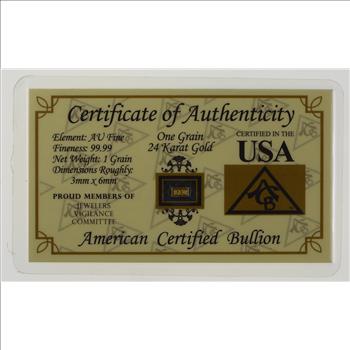 One Grain 25 Karat Gold Fine Gold Bar - With Certificate of Authenticity