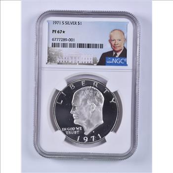 PEG LEG ERROR - PF67* STAR 1971-S Eisenhower 40% Silver Dollar - Rare Variety - NGC