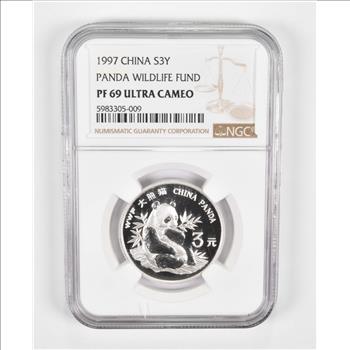 PF69 UCAM 1997 China 3 Yuan Silver Coin - Panda Wildlife Fund - Graded NGC