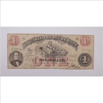 Rare - 1860's Virginia TREASURY Note - $1.00 Hand Signed - Over 150 Years Old