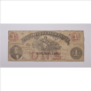 Rare - 1860's Virginia TREASURY Note - $1.00 Hand Signed - Over 150 Years Old