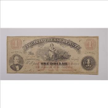 Rare - 1860's Virginia TREASURY Note - $1.00 Hand Signed - Over 150 Years Old